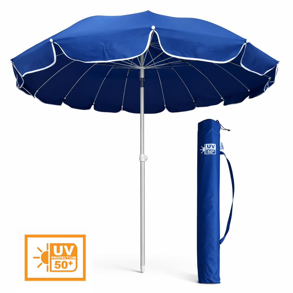 DANYX Ombrellone Mare 220 cm Antivento UV50+ 16 Stecche Fibra di Vetro Palo Alluminio Inclinabile Airvent