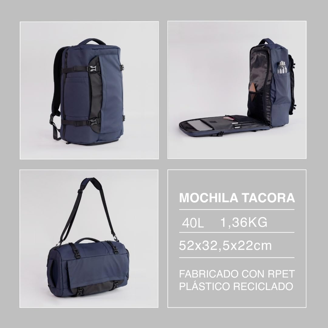 Mochila Cabina Avión 40L - 52x32.5x22 cm - Mochila Viaje Impermeable, Equipaje de Mano con Compartimento para Portátil, 100% Material Reciclado - Mochila de Cabina Ligera y Resistente