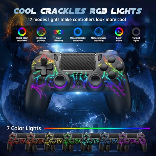 Glitfix Controller Wireless per PS4, Controller di gioco compatibile con PS4/Pro/Slim/PC, Gamepad Joystick per PS4 con RGB a 7 colori/Pulsante Turbo/Doppia Vibrazione/6 Assi Giroscopio/Touch Panel
