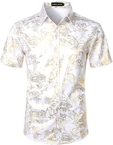 PARKLEES Herren Hipster Gold Rose Printed Slim Fit Kurzarm Button Down Kleid Shirts, Cl23-Weißgold, L Cover