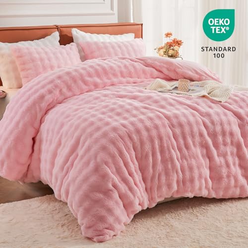 Image of EMME Faux Fur Duvet Cover Twin Size, 2 Pieces Ultra Soft Fluffy Comforter Cover, Cozy Warm for Winter, Luxury Elegant Shaggy Bubble Design Bedding, 1 Duvet Cover & 1 Pillow Shams (Twin, Pink)