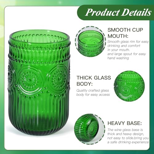 Christmas Green Vintage Wine Drinking Glasses Set of 6, 14 oz hobnail drinking glasses Glassware Embossed Green Water Tumbler for Beer, Juice, Cocktail, Whiskey, Milk - Thumbnail 3