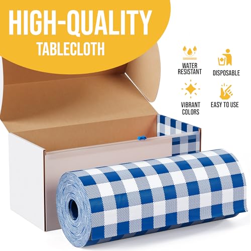 Image of Party Solids 54 Inch X 100 Feet Blue Gingham Plastic Table Cover Roll in A Cut - to - Size Box with Convenient Slide Cutter. Cuts Up to 12 Rectangle 8 Feet Plastic Disposable Tablecloths