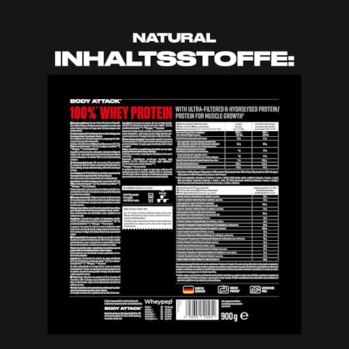 Body Attack 100% Whey Protein Natural - 900 g - Made in Germany - Extra cremiges Eiweißpulver mit Hydrolysat & BCAA´s, unterstützt Muskelaufbau und Diäten - Für Sportler & Athleten