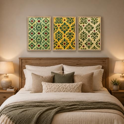 Image of Livin'luxe Set of 3 Green Floral Pattern Wall Paintings for Living Room Bedroom Hallway Home Decor with Premium Wooden Color Synthetic Frame (25.5 x 19.5 Inch) NM03-77