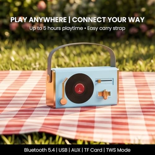 Image of Walta Elite Retro Pro Portable Bluetooth Speaker, 16W Vintage Style, TWS Mode, BT 5.4, USB /AUX /TF, Type-C Charging, 5Hrs Playtime, with Carry Strap