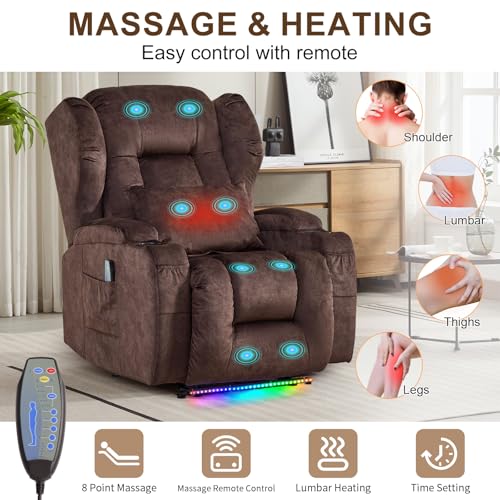 Image of DRMBOOK Power Recliner Chair, Electric Wall Hugger Reclining Sofa with Massage & Heat, Overstuffed Theater Seating with LED /USB Port /Cup Holders for Living Room (Velvet Brown, 1 Chair)