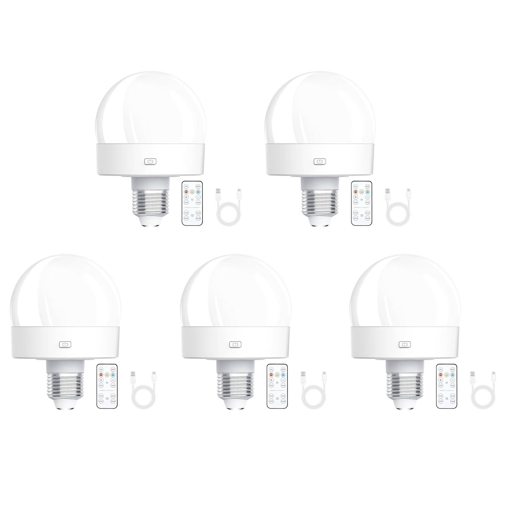 Vjsujehgy 5X Rechargeable Battery Operated Light Bulbs, 300LM E26 in Light Bulb for Lamps with Remote Control Dimmable&Timer