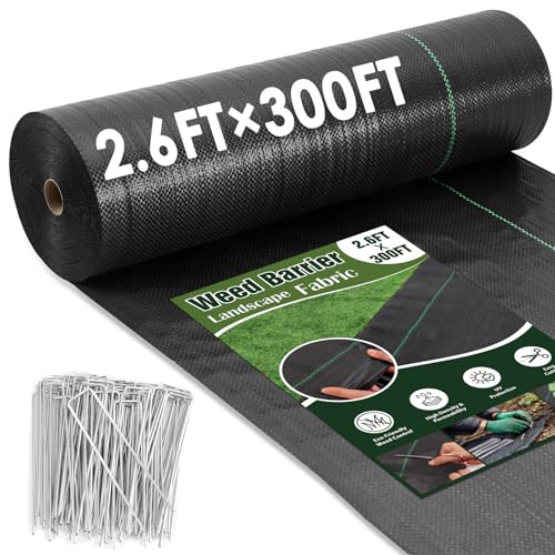HongWay 2.6FT x 300FT Weed Barrier Fabric Garden Cloth Woven Landscape Fabric Heavy Duty with 120 U-Shaped Securing Pegs Lawn Weed Block Mat Ground Cover for Garden Beds Farming