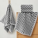 VOOVA & MOVAS Checkered Hand Towels Set (4PC, 14'x29') - 100% Cotton | Quick Dry | Soft | Absorbent, Light Weight Hand Towels for Showering & Bathroom, Towels with Loops for Hanging, Grey