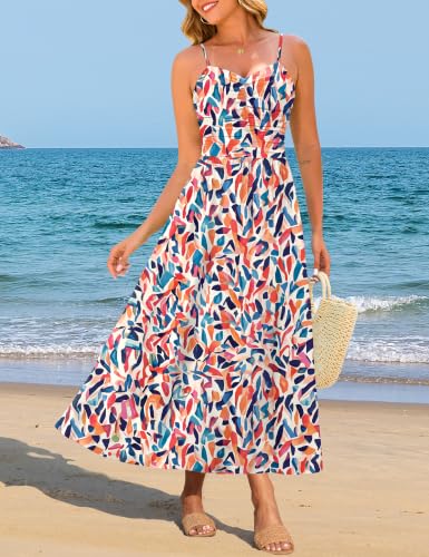 Image of Annebouti Women 2026 Summer Spring Ruched Maxi Dress Adjustable Spaghetti Strap Floral Beach Long Sundress with Pockets