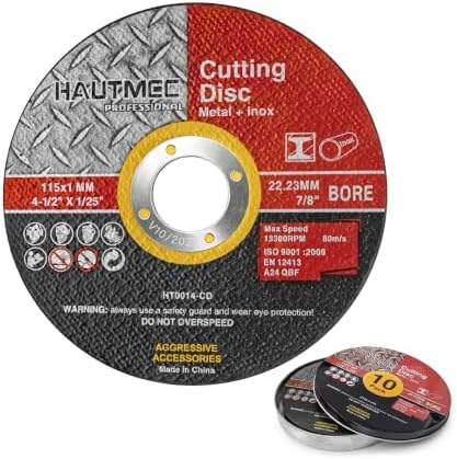 HAUTMEC Metal Cutting Discs 115 X 1.0 X 22.23mm, 10 Pack Cutting Discs for Angle Grinder with Portable Tin Box, EN12413 & MPA Certified, Expert Ultra Thin Cut-Off Wheels for Steel & Metal - HT0014