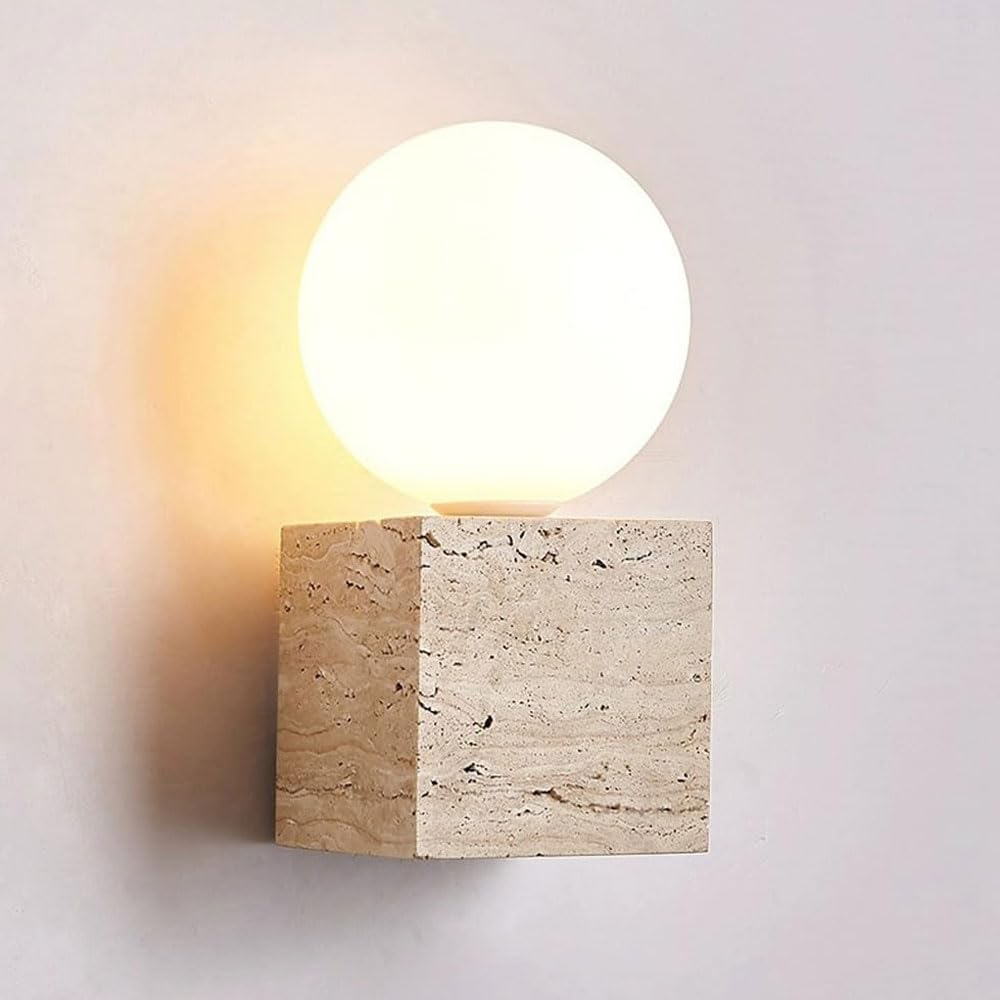 SSBHDM Wabi Sabi Style Wall Light,G9 Light Source Spherical Glass Wall Sconce, Natural Yellow Travertine Wall Lamp, Restaurant Living Room Bedroom Decoration Light Fixtures