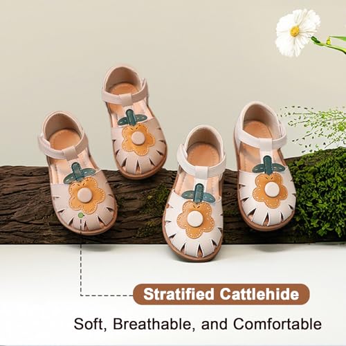 Image of Toddler Girl Sandals with Flower, Breathable Leather kids Closed Toe Sandals, Soft Rubber Non-Slip Summer Shoes for Little Girls 2-7 Years