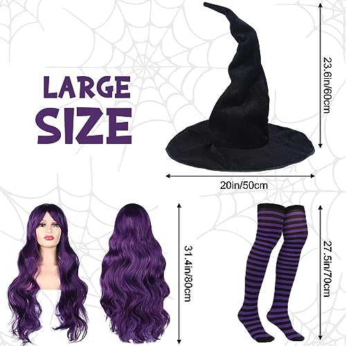 Booson 3Pcs Halloween Witch Costumes Set Black Pointed Witch Hat Dark Purple Cosplay Wig And Nylon Striped Stockings For Women Girl Halloween Cosplay Party Costume Accessory thumb #1