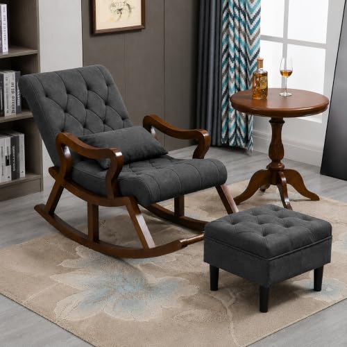 Image of Solid Sheesham Wood Rocking Chair with Ottoman | Velvet Upholstered Relaxing Chair for Living Room | Comfortable Single Seater Arm Chair with Footrest & Cushion | Matte Black