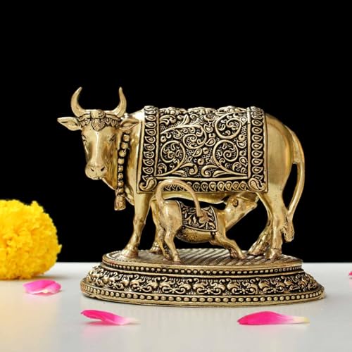 Image of INDICAST Handcrafted Brass Cow with Calf for Good Luck | 3.5 inch Kamdhenu Gau MATA Idol Spiritual Vastu Nandi Pooja Figurine Sculpture for Home and Office (Weight- 340gm)