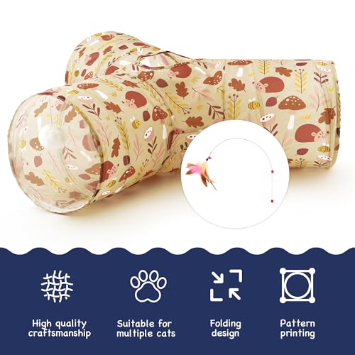Image of Tempcore Cat Tunnel for Indoor Cats, 3 Way Collapsible Pet Play Tunnel with Teaser Wand, Peek Holes & Hanging Ball, Interactive Tube for Kittens & Rabbits, Khaki Hedgehog
