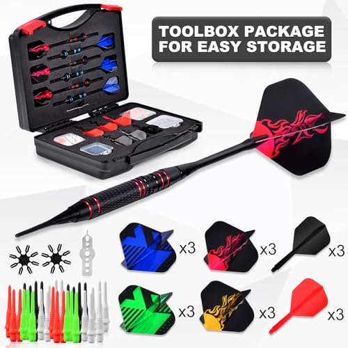 vonezone Darts Plastic Soft Tip, Professional Dart Set, 12Pcs 18Gram with 120 Extra Tips, 6 One-Piece Dart Wings, Flight Protector, Tool Wrench, Storage Case, Darts Set for Electronic Dartboard