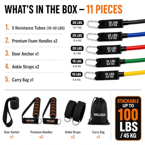 Image of Wellesa Resistance Bands, Pull Up Assist Exercise Band, Perfect for Mobility, Body Stretching, Home Workout, Fitness Training Loop Bands for Men & Women (11Pc Tubes)