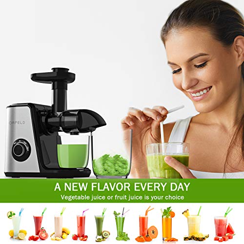 Juicer Machines, Orfeld Slow Masticating Juicer, 7 Segment Spiral for Higher Juice Yield, Cold Press Juicer Easy to Clean, Quiet motor&BPA-Free, Reverse Button&2 Speed Modes for Fruits and Vegetables