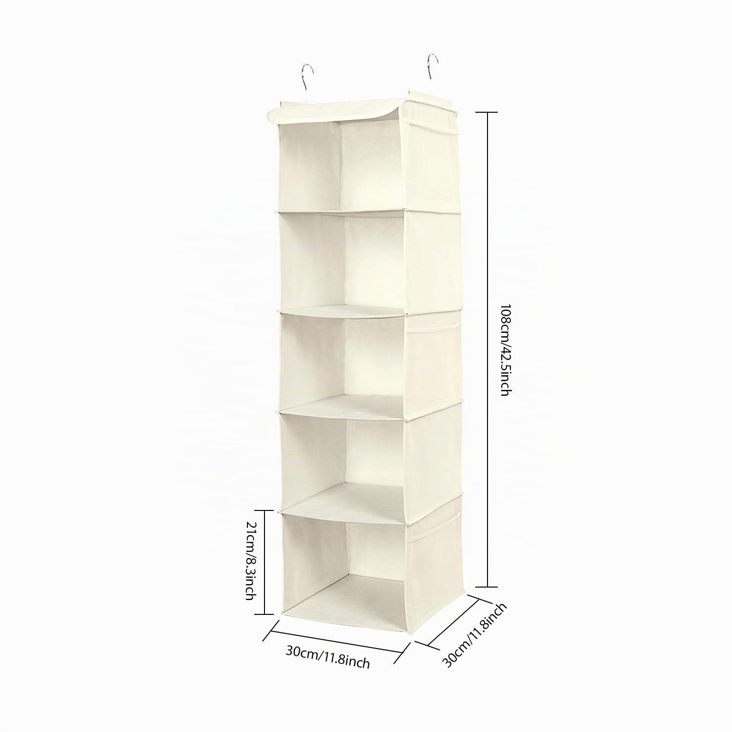 BrilliantJo Set di 2 Organizer Armadio, Portattuto da Appendere con 5 Scomparti con 6 Tasche Laterali a Rete per Vestiti, con 2 Ganci Organizzatore Armadio da 30 x 30 x 108 cm, Beige