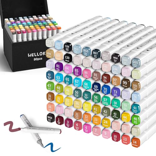 Image of WELLOKB Alcohol Based Marker Set with Case, 80 Markers for Drawing and Illustration
