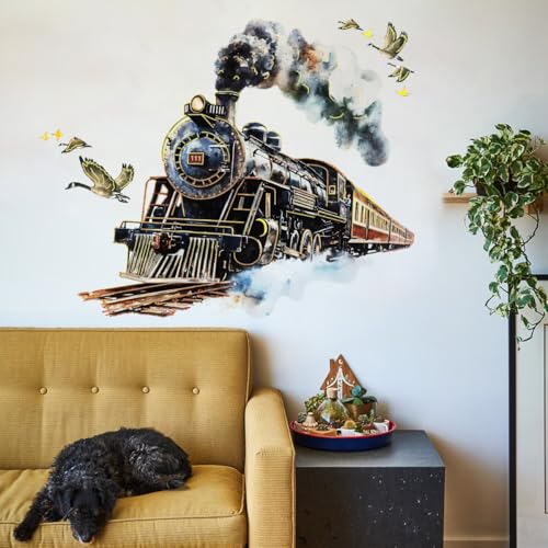 WandSticker4U®- Élégants stickers muraux TRAIN à VAPEUR noir/dorés (69x64 cm) I Autocollants...