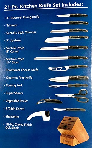 Cutco 21 Piece Kitchen Knife Set With Cherry Finish Oak Block, 8 Table Knives, Paring Knife, Trimmers, Santoku Chopper Chef Knife, Carver, Slicer, Cheese Knife, Turning Fork, Shears, Peeler, Sharpener #TOP1
