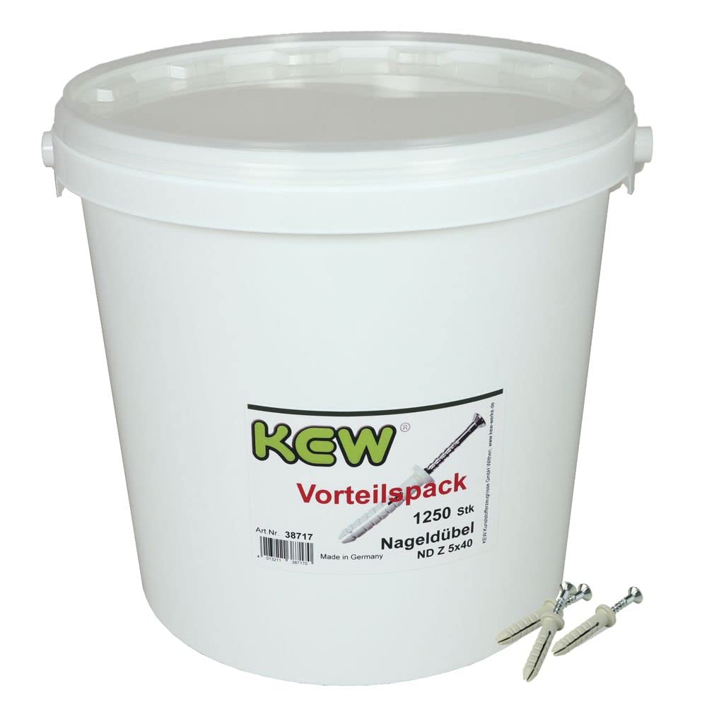 KEW 1250x Nageldübel mit Zylinderkopf und vormontierter Nagelschraube - Spreiz-Dübel - Nylon-Dübel mit Einschlagsperre - 5 x 40 mm - 1250er-Pack