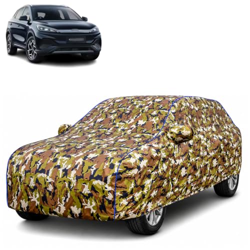 Image of Waterproof Car Body Cover for BYD ATTO 3 with Mirror Pocket| Cotton Inner Lining | Triple Stitched | All Weather Protection | Dust, UV & Rain Proof (Camouflage with Blue Piping)