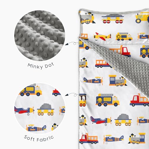 Image of Wake In Cloud - Toddler Nap Mat with Pillow and Minky Fleece Blanket, for Kids Boys Ages 3 Plus in Daycare Preschool Kindergarten, Roll Up Sleeping Bag, Planes Trains Trucks