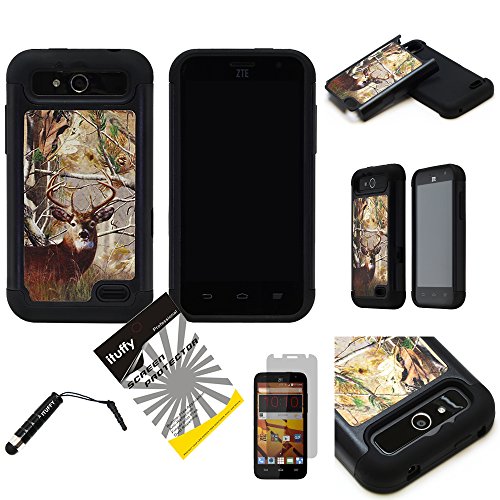 For ZTE MAVEN/ZTE Overture2 Case Z810 Z791/ ZTE Fanfare Case Z792/ ZTE Speed Case N9130/ ITUFFY 3items: LCD Screen Protector + Stylus Pen + Dual Impact Hybrid Armor Case (Tree Deer Camouflage)