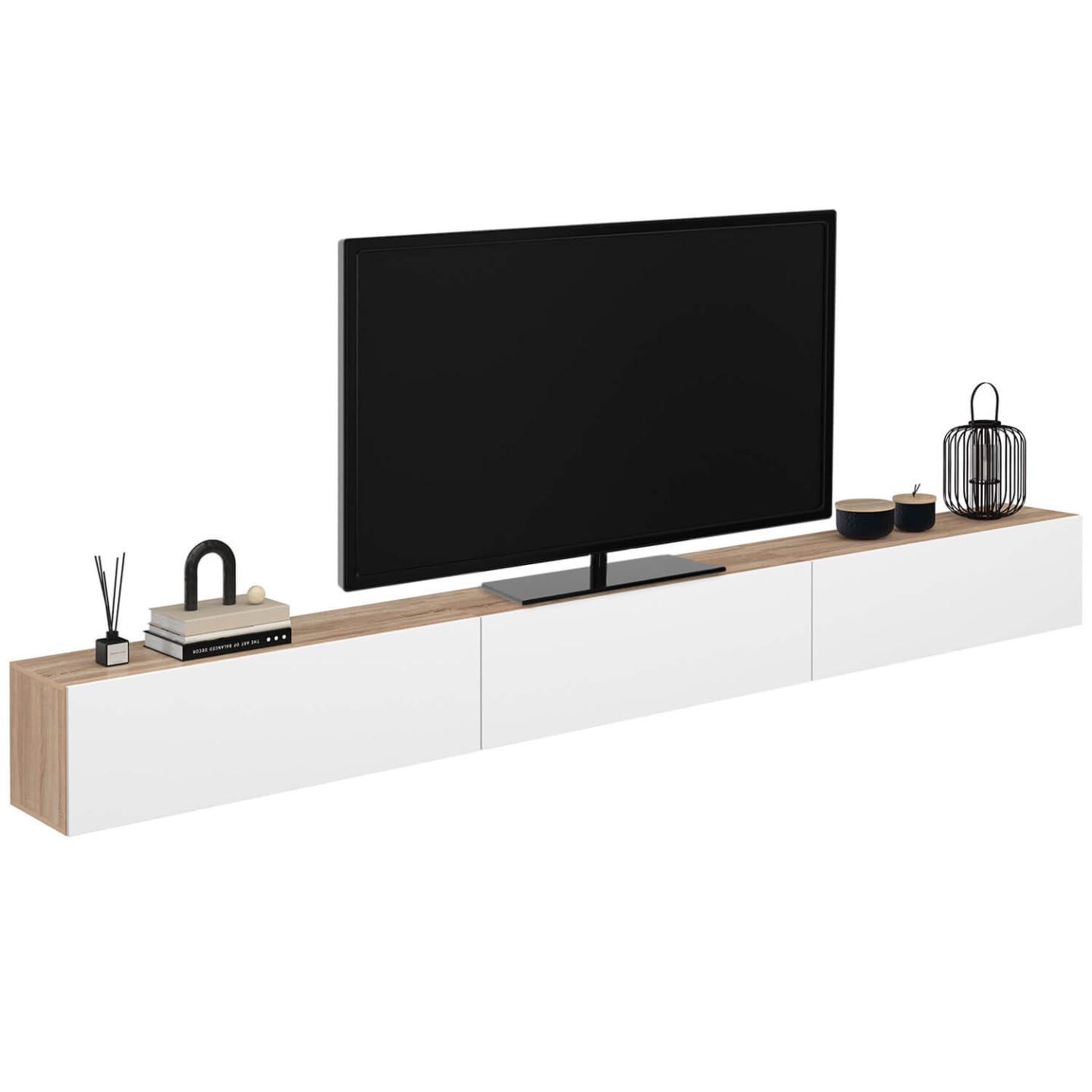 IDMarket - Meuble TV 300 cm Suspendu Elio 3 Portes Bois et Blanc