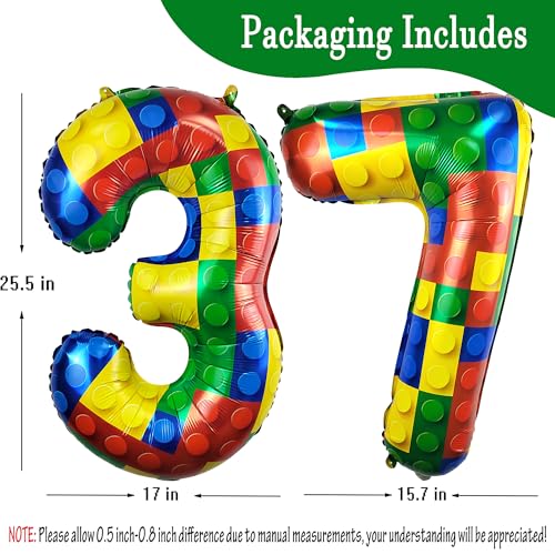 Image of 32 Inch Building Block Number 37 Balloons birthday Block Themed Large Big Helium Foil Mylar Balloon for Girls Boys Birthday Party Decoration Supplies