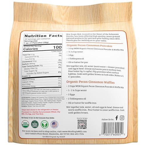 War Eagle Mill Organic Pecan Cinnamon Whole Grain Pancake & Waffle Mix, 22 oz Bag (2 Pack)