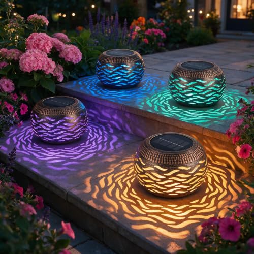 Image of Solar Lanterns Outdoor Waterproof 4 Pack, Retro Metal Hollow Out Solar Lantern Lights with 3 Lighting Modes, Decorative Table Lanterns for Garden Yard Patio Porch, Gardening Gifts for Women Mom