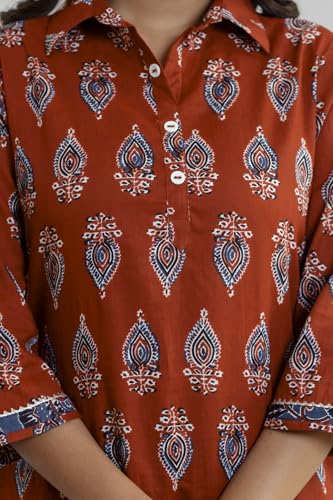 Image of KANNAHI Women Pure Cotton Blue and Rust Ethnic Motif Ajrakh Handblock Printed Kurta Set
