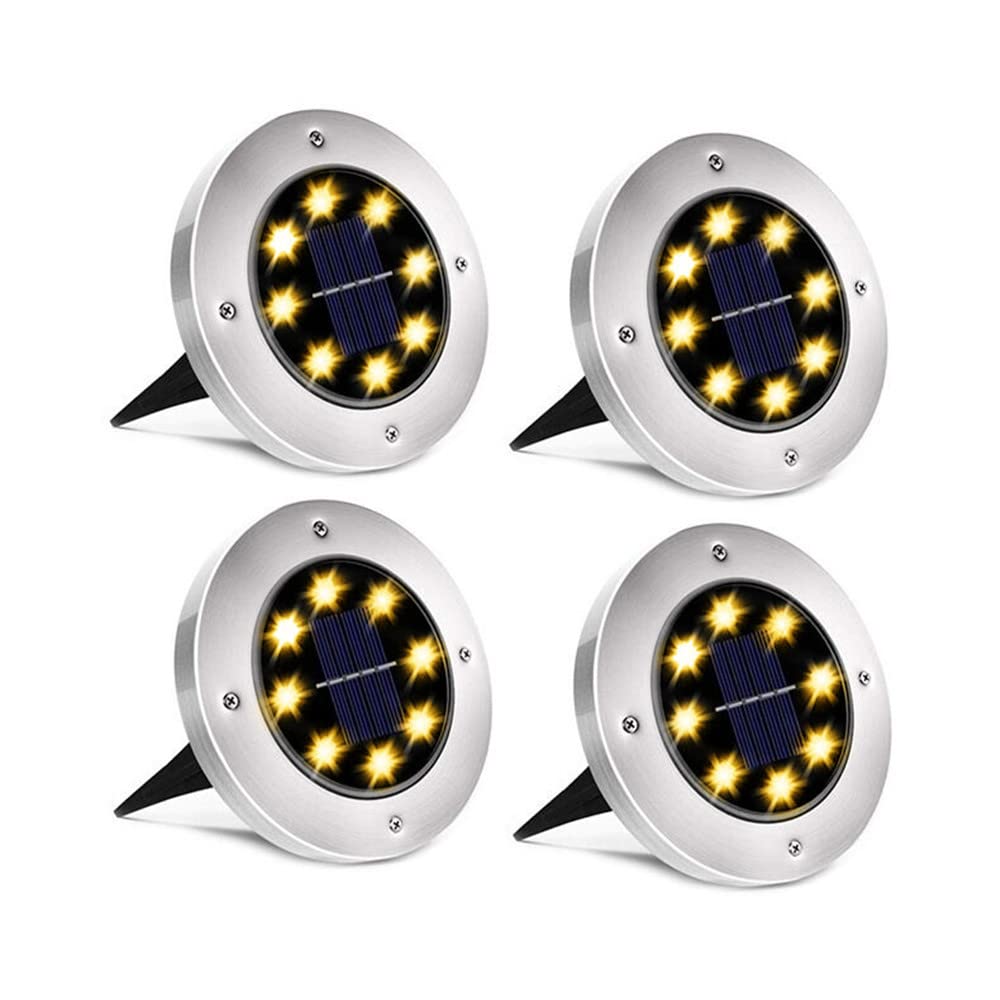 Solar Ground Lights, 8LED Warm White Solar Garden Lights Outdoor Waterproof Sidewalk Disk Bright In-Ground Landscape Lighting for Lawn Patio Pathway Yard Steps Deck Walkway Light (4 Packs)-image-15