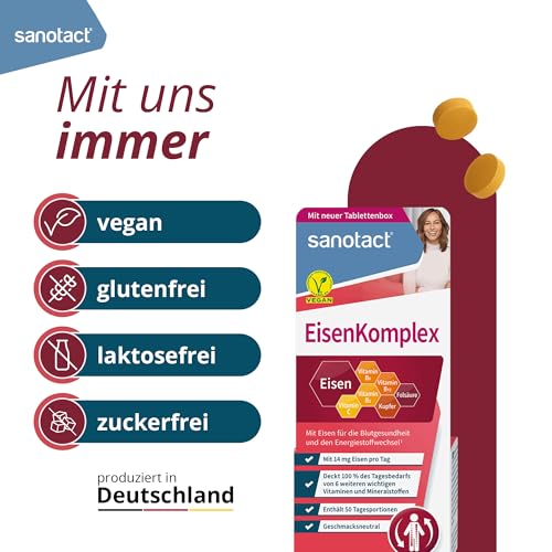 sanotact Eisen Komplex (100 Mini-Tabletten) • Mit 14mg hochdosiert, Kupfer, Folsäure, Vitamin C, B2, B6, B12 • Sofortwirkung bei Eisenmangel • Eisen für Blutbildung • 100% Vegan 6