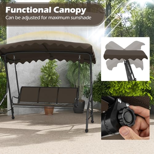 Image of Tangkula 3 Person Porch Swing, Patio Swing with Adjustable Canopy, Heavy-Duty Metal Frame & Breathable Seat, Outdoor Metal Swing for Backyard, Poolside, Balcony, Garden, 1000 lbs Max Load (Brown)