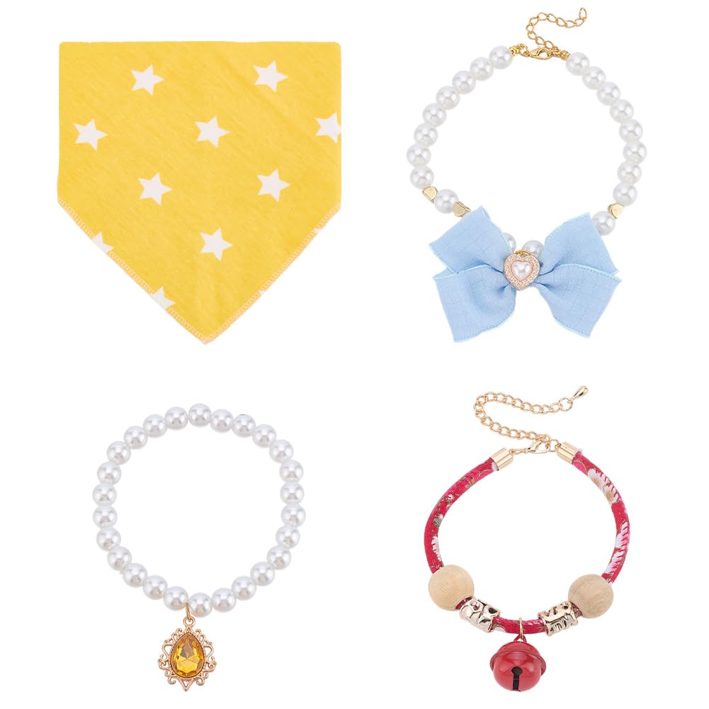 WEBEEDY 4 Styles Kitten and Puppy Collar Combination Small Pet Jewelry Collars Natural Wood Pet Bell,Dirt-Proof Triangle Scarf,Pearl Collar Necklace with Crystal and Bow Pets Party Accessories