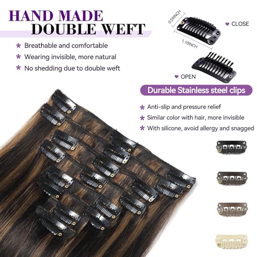 Image of Clip in Hair Extensions Real Human Hair Invisible Remy Human hair Clip in Extensions for Women Seamless Double Weft 8pcs 22 inch 110g /3.9oz Balayage Black Brown Highlight Chestnut Brown