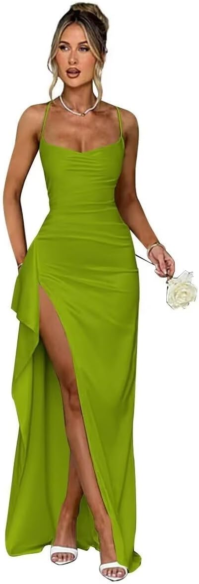 GATMAHE Silk Satin Prom Dresses for Women 2026 Spaghetti Straps Mermaid Formal Cocktail Party Dress with Slit