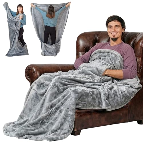 EzrAllora Giant Plush Fleece Lightweight Foot Pocket Blanket -Patent Pending- Premium Gifts for Men Who Wants Nothing - Cool Gamer Gifts for Men Who Have Everything (Fleece, Silver Grey)