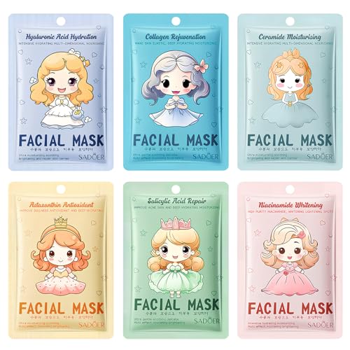 6 Piezas Mascarillas Faciales Hidratantes de Tela - Con Diseño de Princesa de Dibujos Animados - Regalo para Chicas y Mujeres - Cuidado de la Piel Diario