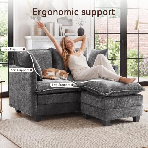 Image of 50 inch Loveseat Sofa with Ottoman, Cloud 2-Layer Cushion & 27 inch Deep Seat, Modern Love Seat Small Couch with 2 Washable Pillows for Small Spaces, Bedroom, Apartment, Office, Living Room, in a Box, Grey