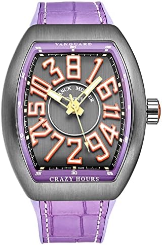 Men&#39;s &#39;Vanguard Crazy Hours&#39; Grey Dial Purple Rubber with Leather Insert Strap Automatic Watch 45CHTTBRORPRL