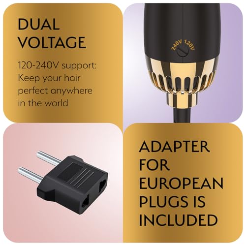Image of Manual Dual Voltage Blowout Hair Dryer Brush, Professional Hot Air Brush for European Travel 110V-120V /220V-240V, Black Gold Dryer and Volumizer for Women, 2.4 INCHES Oval Shape