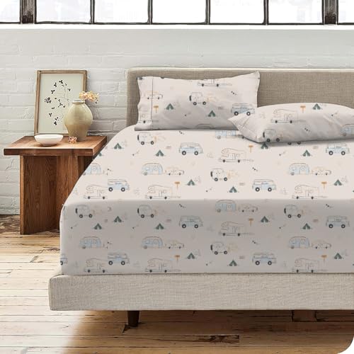 Image of Kids Camper Theme Bed Sheets Set for Single Bed| Happy Camping Bedding Set, Travel Car Rv bedsheets (Truck Camper)